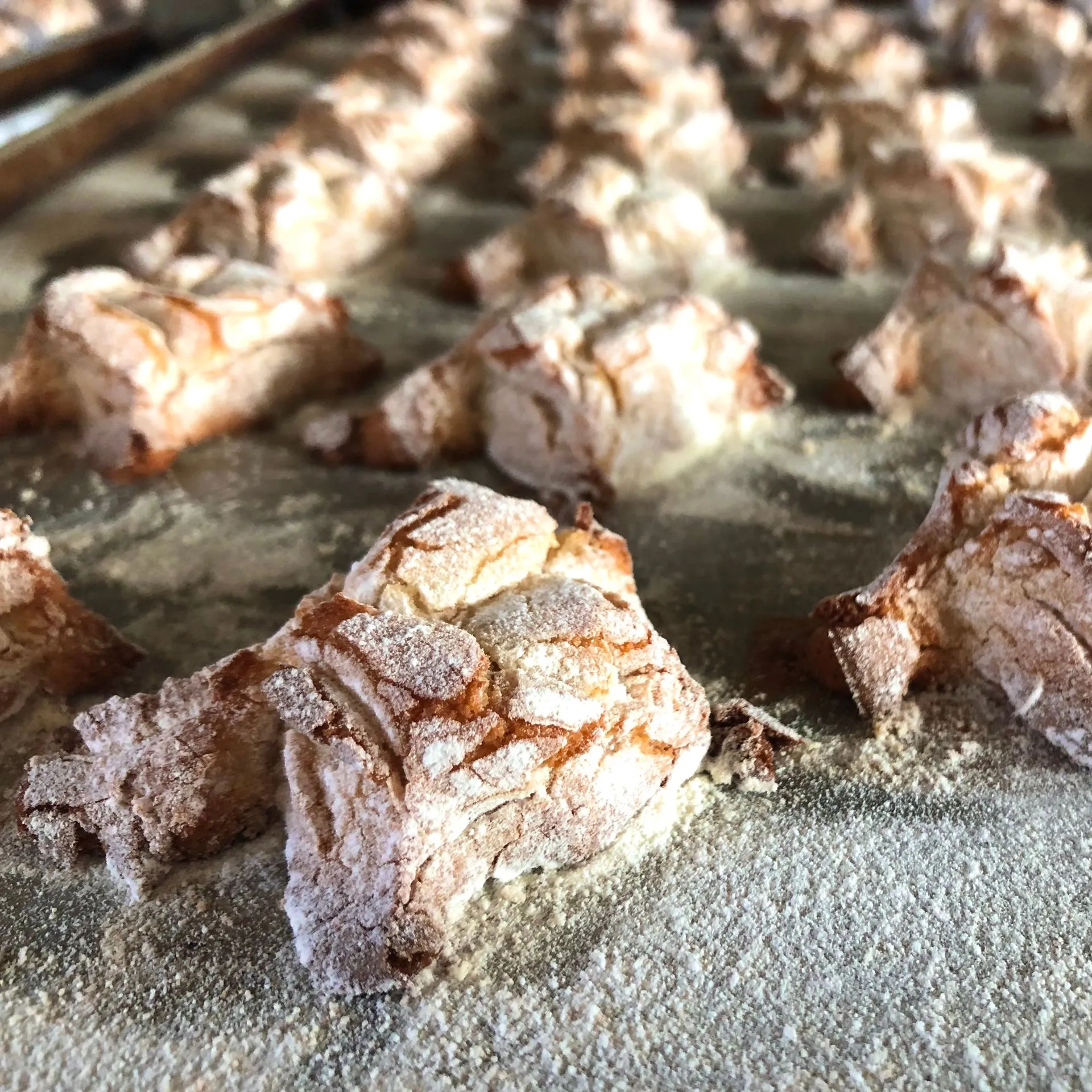 Un mucchio di biscotti sono appoggiati su un tavolo ricoperto di zucchero a velo.