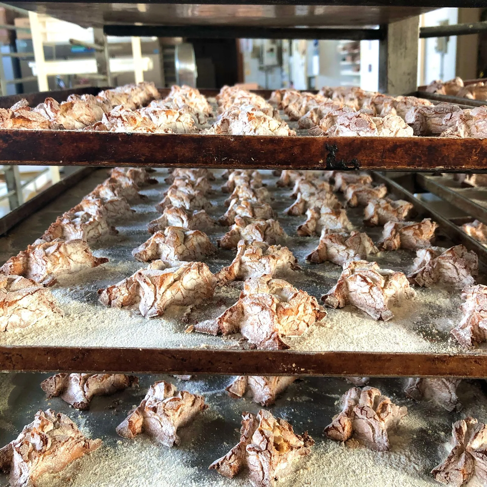 Un mucchio di biscotti sono appoggiati su vassoi in una panetteria